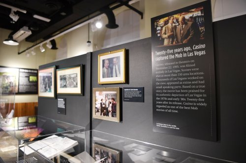 Exhibit showcasing the Mob's history in Las Vegas, featuring photos and a narrative about the film "Casino."