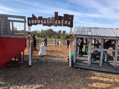 A playground area named "Snowball Arena" with children playing and a snowman in a fenced outdoor setting.