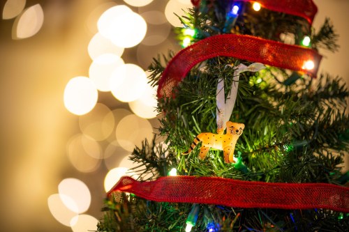A decorated Christmas tree with colorful lights and a leopard ornament, surrounded by soft, blurred bokeh.