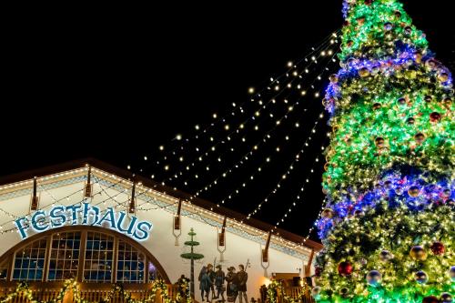 A brightly lit Christmas tree in front of a festive building adorned with lights and decorations at night.