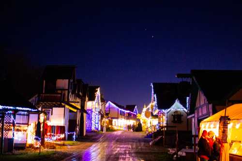 A festive street lined with illuminated buildings and holiday decorations under a night sky.