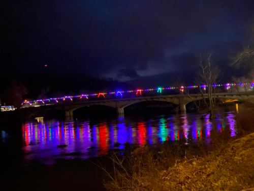 A bridge adorned with colorful lights reflects in the water at night, surrounded by dark clouds and trees.