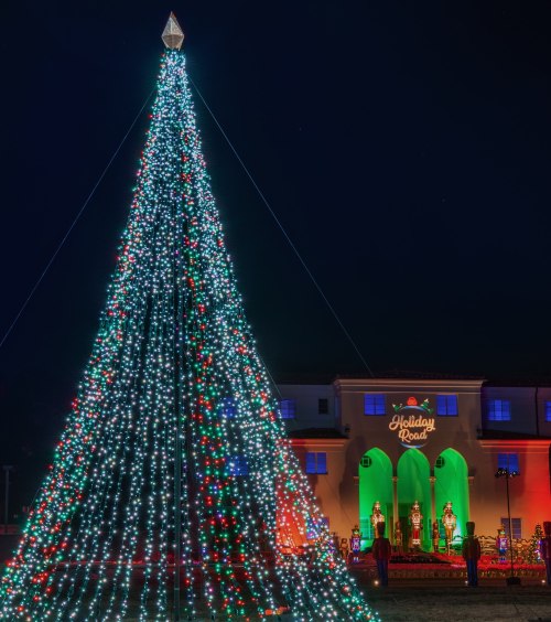 A brightly lit Christmas tree adorned with colorful lights, set against a festive building at night.