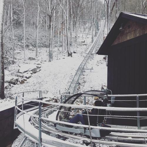 A snowy landscape featuring a roller coaster track winding through trees, with a building nearby.