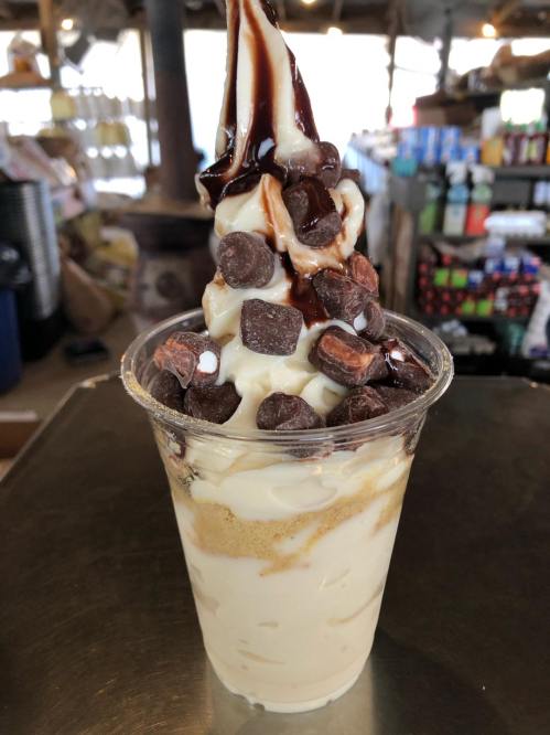 A tall cup of soft serve ice cream topped with chocolate syrup and chocolate chips.