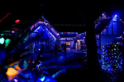 A festive scene at night featuring buildings adorned with colorful Christmas lights and decorations.