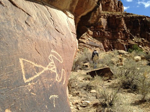Petroglyphs on a rock face with a person walking in the background, surrounded by desert vegetation and rocky terrain.