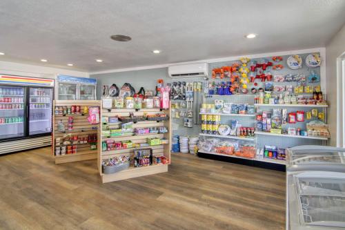 A well-organized store interior featuring shelves stocked with various products and a display freezer.