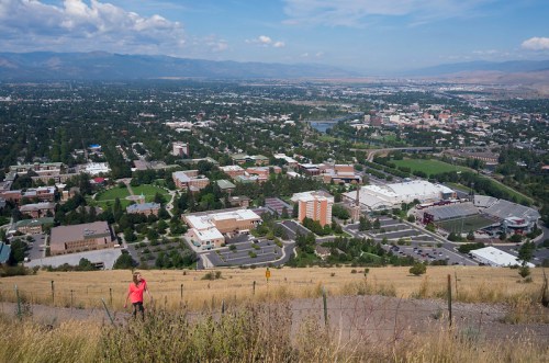 A person in a pink shirt stands on a hillside overlooking a cityscape with buildings and greenery under a blue sky.