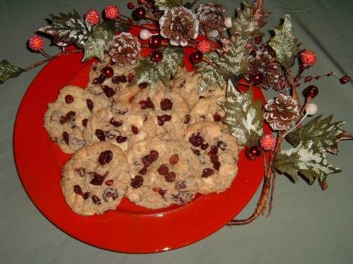 A red plate filled with cookies topped with cranberries and nuts, surrounded by festive holiday decorations.