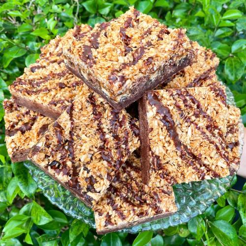 A plate of chocolate-drizzled oat bars stacked on a glass dish, surrounded by green foliage.