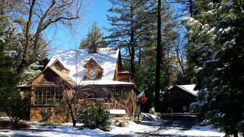 A cozy wooden house surrounded by snow-covered trees on a sunny winter day.