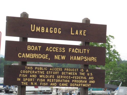 Sign for Umbagog Lake boat access facility in Cambridge, New Hampshire, detailing public access project information.