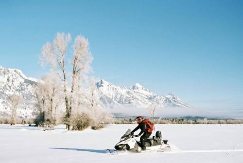 A person rides a snowmobile across a snowy landscape with mountains and frosted trees in the background.