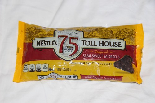 A package of Nestlé Toll House semi-sweet chocolate morsels, celebrating 75 years, with a yellow and red design.