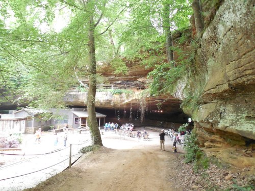 A scenic view of a cave entrance surrounded by trees, with people enjoying a gathering area below.