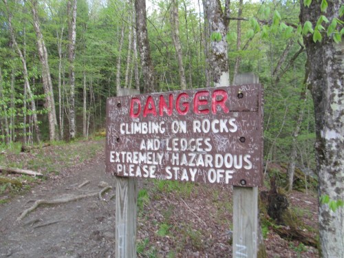 A wooden sign in a forest warns of danger from climbing on rocks and ledges, urging people to stay off.