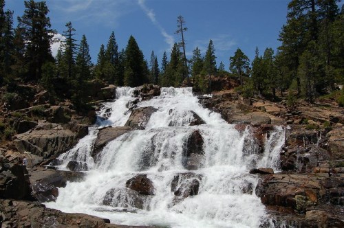 A cascading waterfall flows over rocky terrain, surrounded by lush green trees under a clear blue sky.