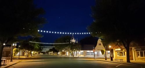 A quiet street at night, lined with trees and illuminated by string lights, creating a peaceful atmosphere.