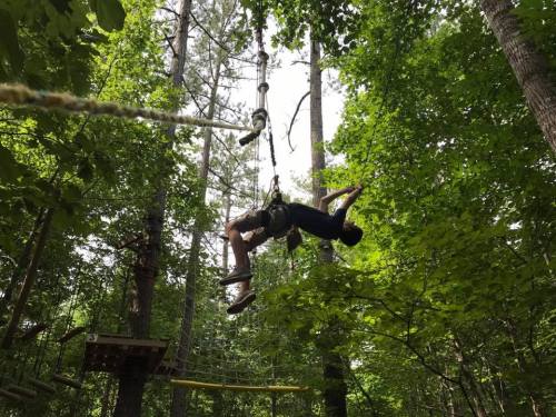 A person suspended upside down on a rope in a forested area, surrounded by trees and greenery.