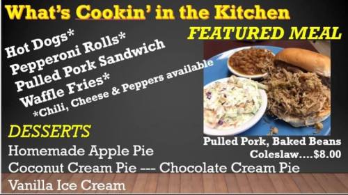 Menu featuring hot dogs, pulled pork sandwiches, desserts like apple pie, and a featured meal of pulled pork and coleslaw.