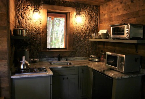 Cozy kitchen with wooden walls, a window, and modern appliances like a microwave and stovetop.