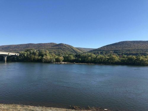 A serene river scene with mountains in the background and clear blue skies, showcasing lush greenery along the shore.