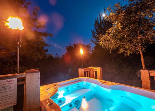 A hot tub illuminated at night, surrounded by trees and tiki torches, with a glowing blue light in the water.