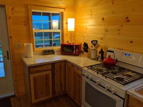 Cozy kitchen with wooden walls, a gas stove, red kettle, and a vintage microwave near a window with a scenic view.