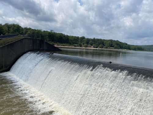 A waterfall cascading over a dam into a calm lake, surrounded by green trees and a cloudy sky.