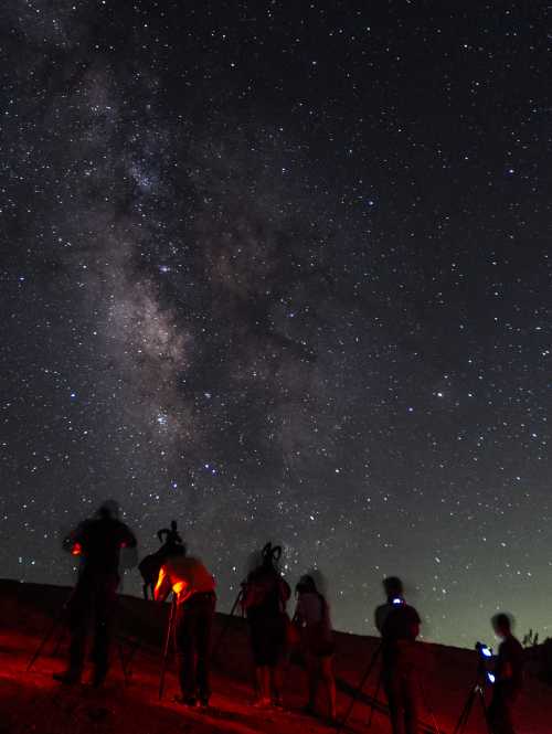 Silhouettes of photographers with tripods under a starry sky, capturing the Milky Way at night.