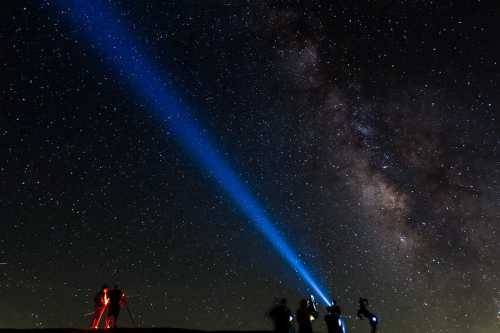 Silhouettes of people with flashlights under a starry sky, featuring the Milky Way in the background.