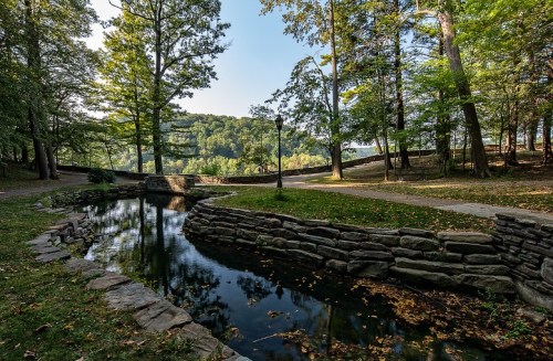 A serene park scene featuring a calm stream, surrounded by lush trees and a pathway in the background.