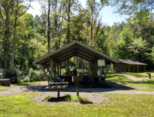 A shaded picnic shelter surrounded by trees, with people sitting inside and a path leading to another building.