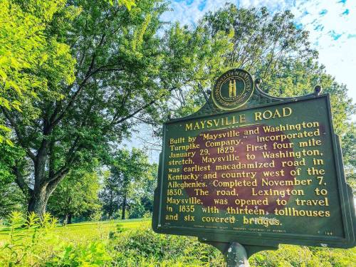Historical marker for Maysville Road, detailing its construction and significance, surrounded by lush greenery.