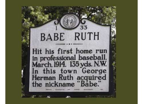 Sign commemorating Babe Ruth's first professional home run in March 1914, noting the origin of his nickname "Babe."