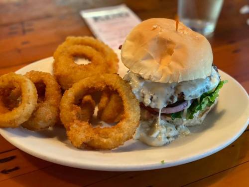 A plate featuring a burger with lettuce, tomato, and sauce, accompanied by crispy onion rings.