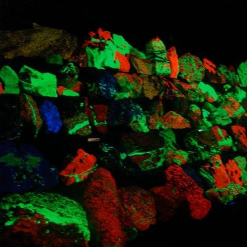 Colorful rocks illuminated in vibrant green, blue, and red hues against a dark background.