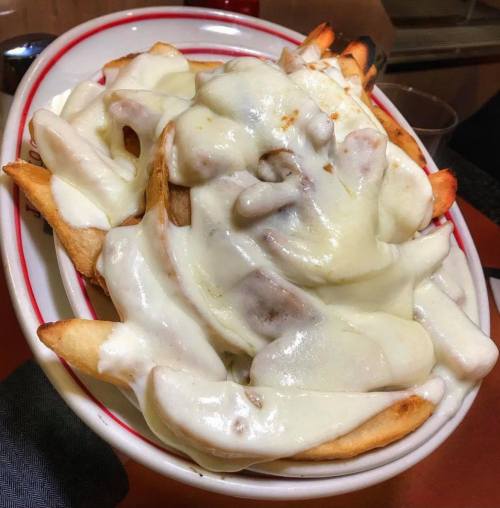 A plate of loaded fries topped with melted cheese and creamy sauce.