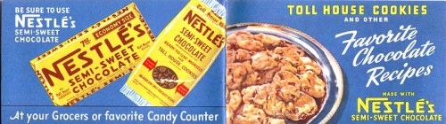Vintage advertisement for Nestlé's semi-sweet chocolate, featuring cookie recipes and product packaging.
