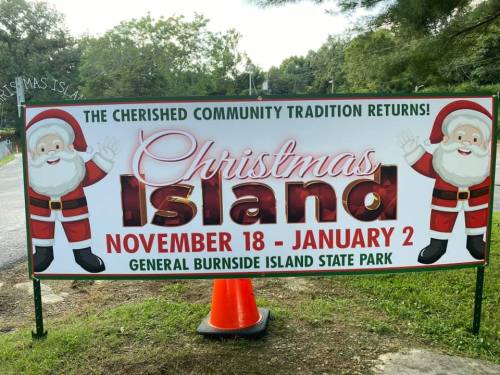 Banner for Christmas Island event at General Burnside Island State Park, running from November 18 to January 2.