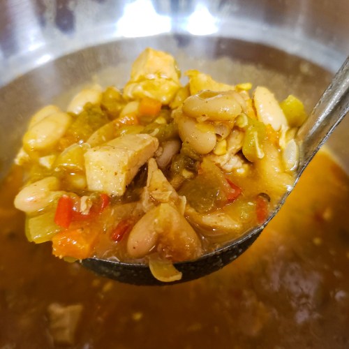 A ladle filled with a hearty chicken and bean stew, featuring colorful vegetables in a savory broth.