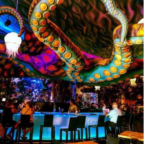 A vibrant bar scene with a large, colorful octopus sculpture hanging from the ceiling, surrounded by ocean-themed decor.