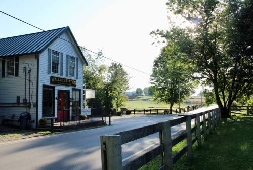 A quaint building labeled "Wallace Station" beside a tree-lined road, with a sunny field in the background.