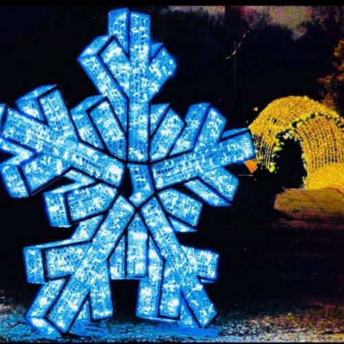 A large, illuminated blue snowflake decoration against a dark background, surrounded by festive lights.