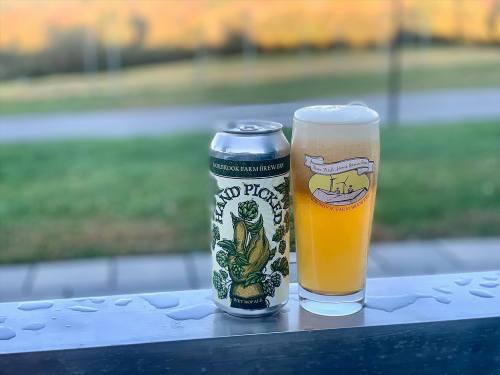 A can of Hand Picked beer next to a glass of the same beer, set against a scenic outdoor background.