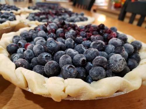 Freshly made blueberry pies filled with plump blueberries, resting on a wooden table.