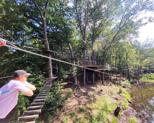 A person on a zip line near a treehouse, surrounded by lush greenery and a river.