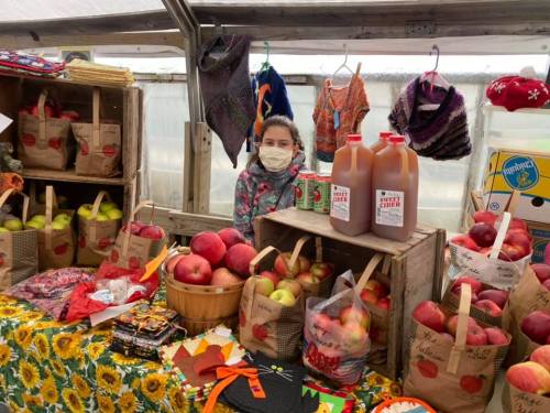 A girl wearing a mask stands behind a table filled with apples and cider at a market, surrounded by colorful crafts.