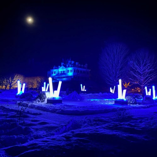 A snowy landscape at night featuring illuminated blue sculptures and a moonlit sky above a distant house.